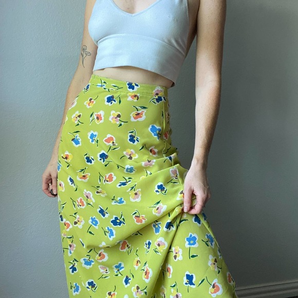 Vintage Lime Green Floral Print High Waist Maxi Slip Skirt - Picture 5 of 6